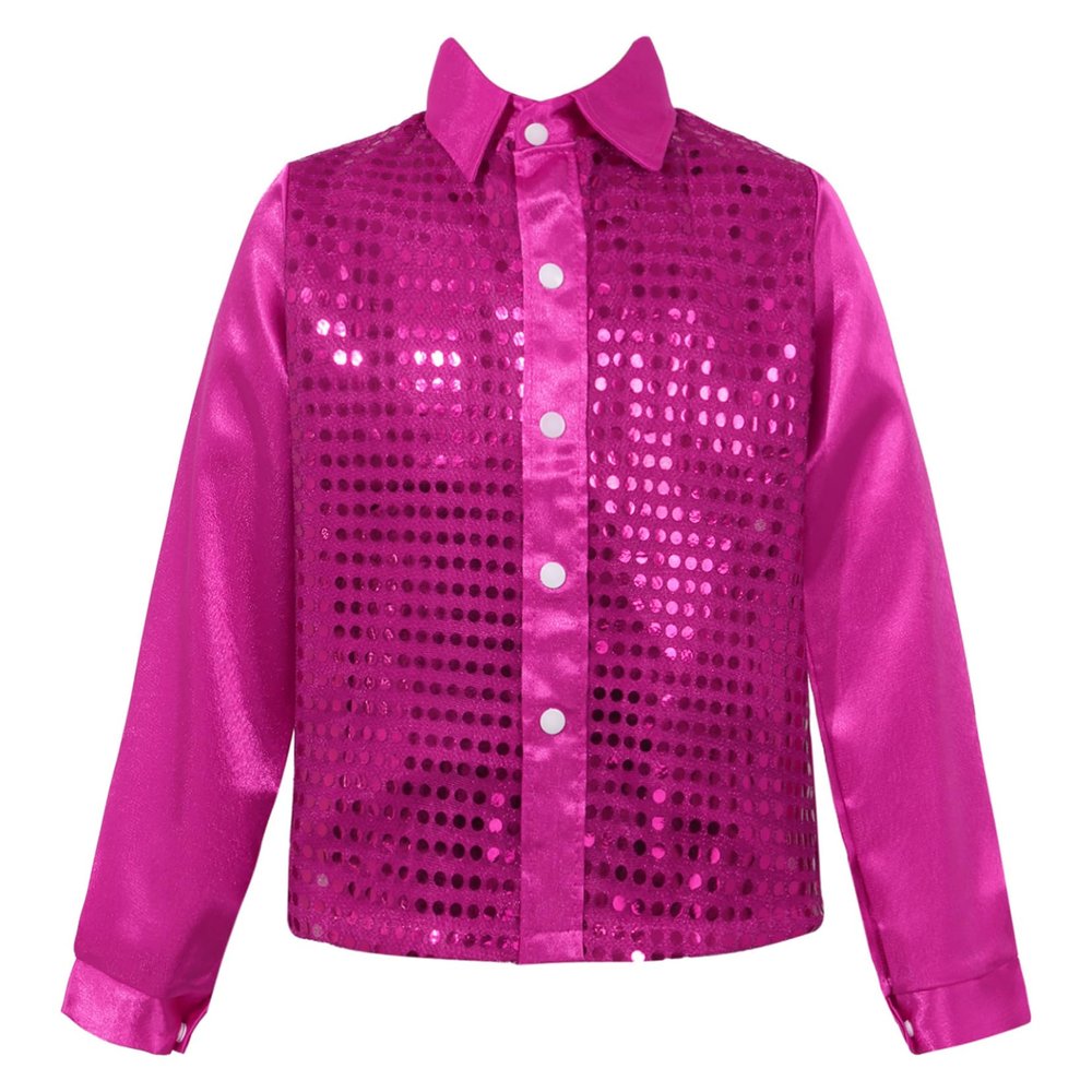 YOOJOO Kids Boys Disco Shirt Sequins Long Sleeve Button Down Shirts 70s Party Costume Latin Jazz Hip Hop Dance Shirts HotPink 5-6 Years