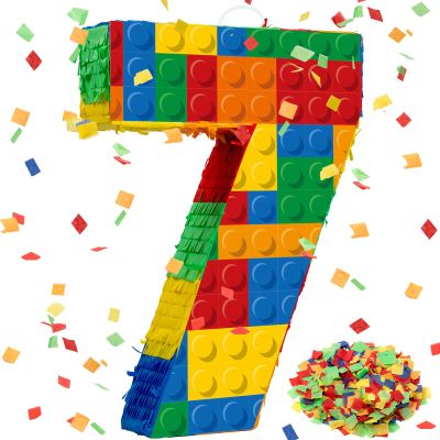 RoundFunny Number 7 Building Blocks Piata 16.5 Inch Party Supplies 7th Birthday Party Decorations Piata with Confetti Blocks Theme Fiesta Anniversary Celebration