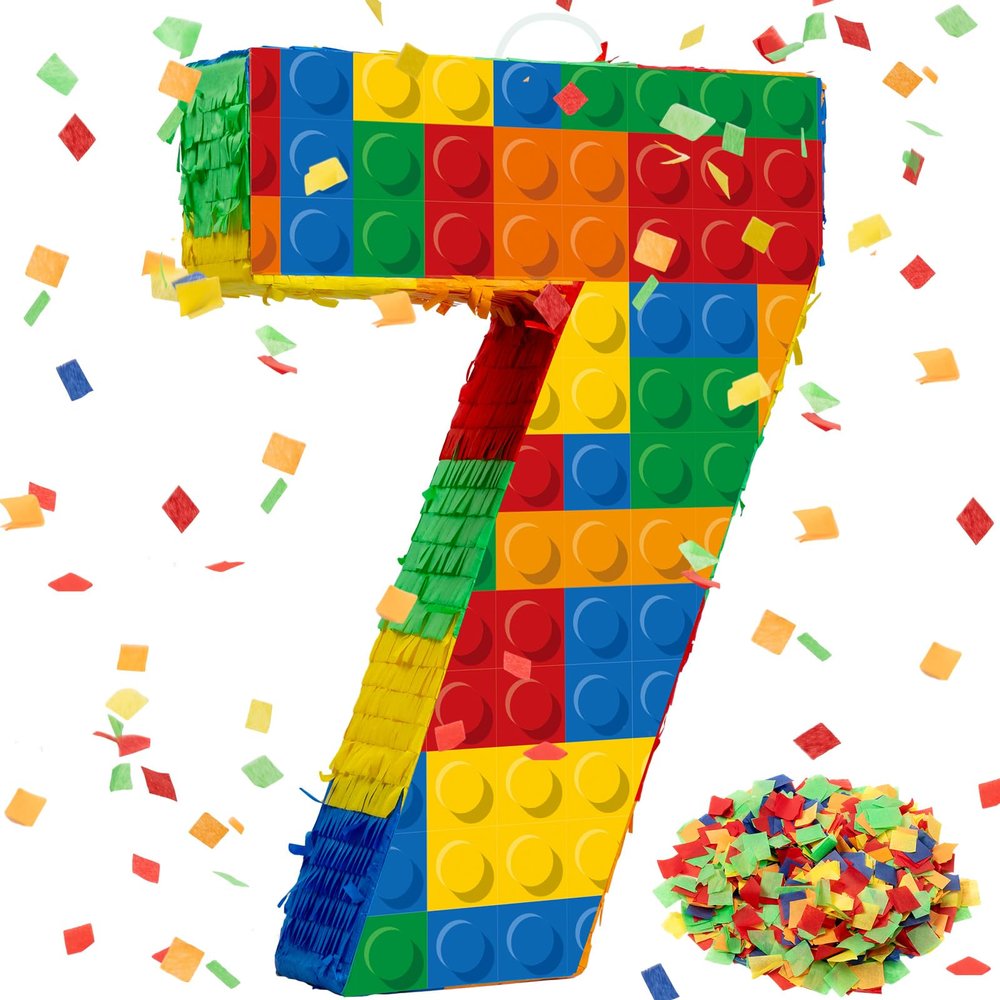 RoundFunny Number 7 Building Blocks Piata 16.5 Inch Party Supplies 7th Birthday Party Decorations Piata with Confetti Blocks Theme Fiesta Anniversary Celebration