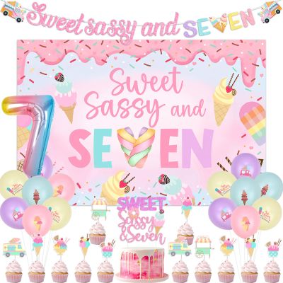 Wonmelody Donut 7th Birthday Party Decorations Sweet Sassy and seven Birthday Decor Sweet Sassy And 7 Birthday Backdrop Pastel Donut Balloon Garland Kit with Ice Cream Dessert Balloon Decor for Girl