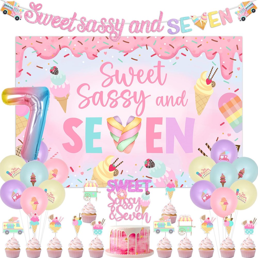 Wonmelody Donut 7th Birthday Party Decorations Sweet Sassy and seven Birthday Decor Sweet Sassy And 7 Birthday Backdrop Pastel Donut Balloon Garland Kit with Ice Cream Dessert Balloon Decor for Girl