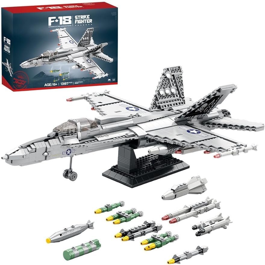 FULHOLPE F-18 Hornet Strike Fighter Building Blocks Set, MOC Military Aircraft Model Bricks Construction Toy Compatible with Major Brands - 1387 Pieces