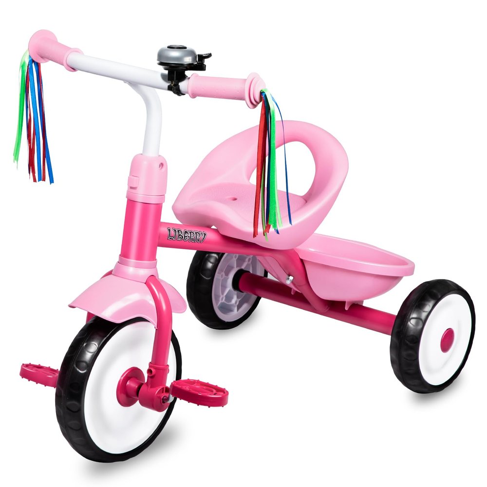 Liberry Toddler Tricycle Age 2 3 4 Years Old, Kids Trike with Bell, Back Basket and Removable Pedal, 3 Wheel Bike Birthday Toys Gift for Girls Boys, Pink