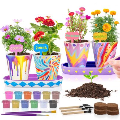 Tekoly 4 Set Paint & Plant Flower Gardening Kit - Gifts for Girls Ages 8-12, Arts and Crafts for Kids Ages 8-12, Kids Gardening Set, Toys Birthday for Girls Boys Ages 6 7 8 9 10 11 12