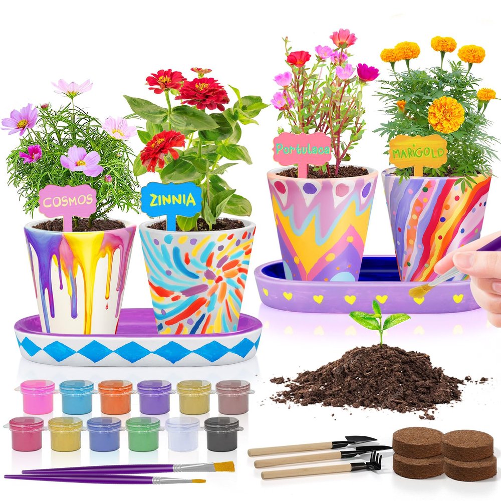 Tekoly 4 Set Paint & Plant Flower Gardening Kit - Gifts for Girls Ages 8-12, Arts and Crafts for Kids Ages 8-12, Kids Gardening Set, Toys Birthday for Girls Boys Ages 6 7 8 9 10 11 12