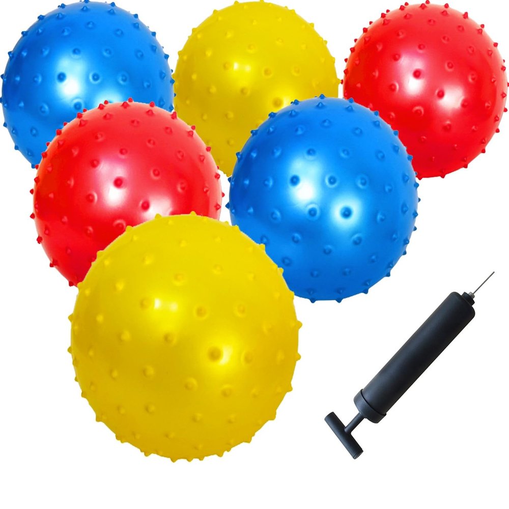 AppleRound 6-Pack of 7-inch Knobby Balls with 1 Air Pump - Fun Sensory Toy for Babies and Toddles, Party Favors, Inflatable Bouncy Balls