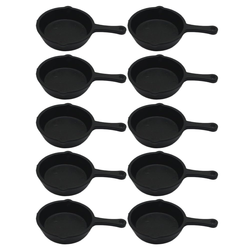 10pcs Miniature Skillet Mini Cast Plastic Iron Skillet Small Frying Pan Set for Baked Cookie Brownie Dollhouse Kitchen Accessories Decor
