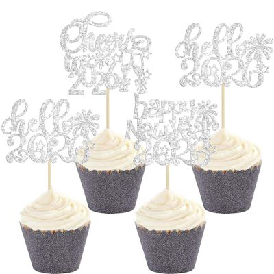 Gyufise 24Pcs Happy New Year 2026Cupcake Toppers Glitter Fireworks Hello 2026 New Year Cupcake Pick Decorations for Cheers to 2026 Holiday Party Cake Decorations Supplies Silver