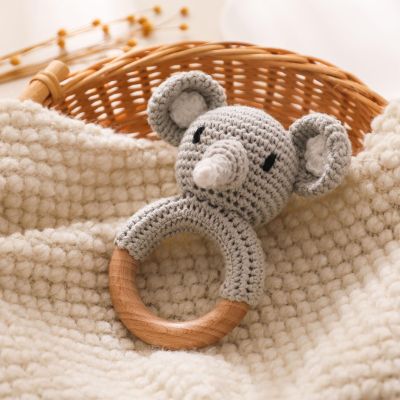 Wooden Baby RattleCrochet Elephant Rattle with Wood Ring, Newborn Wooden Animal Rattle ToyInfant Elephant Wood Rattle Toys