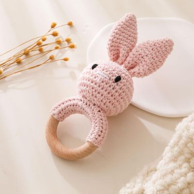 Wooden Baby RattleCrochet Bunny Rattle with Wood Ring, Newborn Wooden Animal Rattle ToyInfant Pink Bunny Wood Rattle Toys
