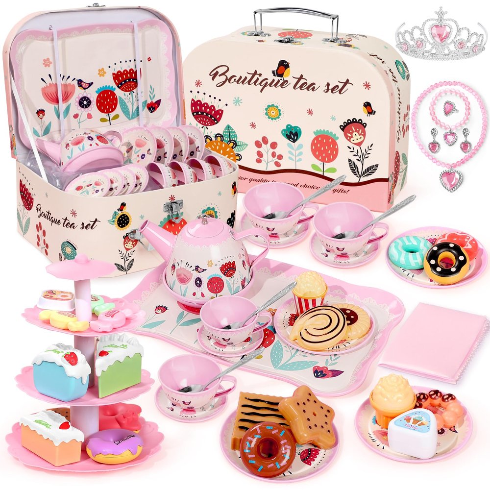 Tea Party Set for Little Girls, 49PCS Princess Tea Time Toys Including Tea Set Dessert Carrying Case, Kids Kitchen Pretend Playset, Montessori Toys for Toddlers 3 - 8 Year Old Girl Birthday Gifts