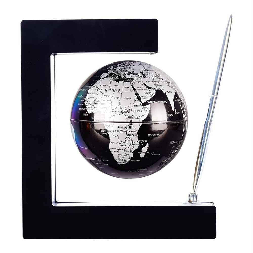 BEBEVOGUE Personalized Magnetic Levitation Floating Globe with LED Light & Pen Lighting World Globe for Office Home Desk Gadget Decor Cool Stuff Birthday Gift for Men Kids Boss Boys (Silver)