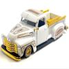 1950 Chevy 3100 Pickup Truck Lowrider White with Graphics and Gold Wheels Lowriders Series 1/25 Diecast Model Car 32545WH view 1