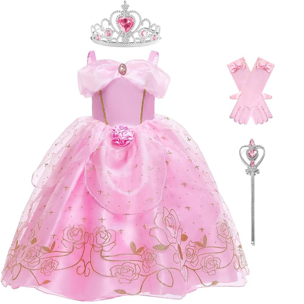 Aurora Princess Costume for Girls Birthday Party Outfit Halloween Cosplay Dress up with Accessories for 7-8