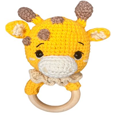 Baby Rattle Crochet Gift, Nordic Style Animal Giraffe Rattle, Wooden Teether Ring, Newborn Baby Boy Crochet, Girl, Mom to be, Infant, Gender Neutral Shower Custom Gift