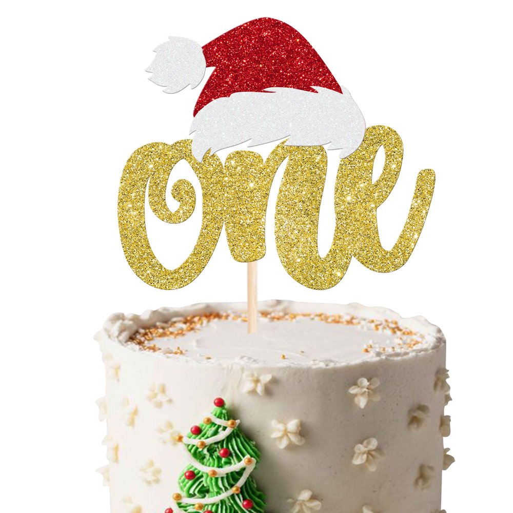 1 Pack Christmas One Cake Topper Glitter Santa Hat First Birthday Cake Pick Decorations for Christmas 1st Birthday Theme Baby Shower Party Decorations Supplies Gold