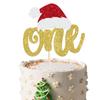 1 Pack Christmas One Cake Topper Glitter Santa Hat First Birthday Cake Pick Decorations for Christmas 1st Birthday Theme Baby Shower Party Decorations Supplies Gold view 1