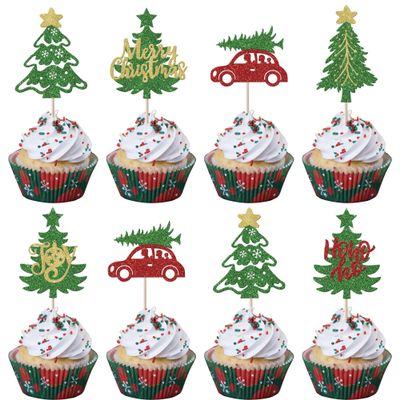 24 Pack Christmas Tree Cupcake Toppers Glitter Merry Christmas Cupcake Picks Red Car Cake Decorations for Merry Christma Tree Xmas Theme Party Cupcake Decorations Supplies