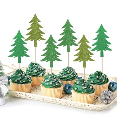 24 Pack Christmas Tree Cupcake Toppers Glitter Picks - Merry Christmas New Year Holiday Baby Shower Kids Birthday Party Decorations Supplies Green