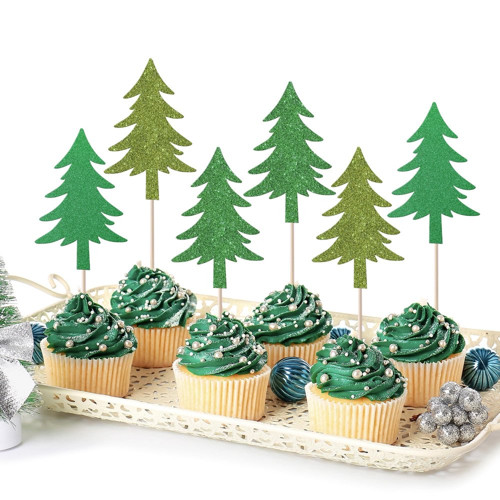 24 Pack Christmas Tree Cupcake Toppers Glitter Picks - Merry Christmas New Year Holiday Baby Shower Kids Birthday Party Decorations Supplies Green