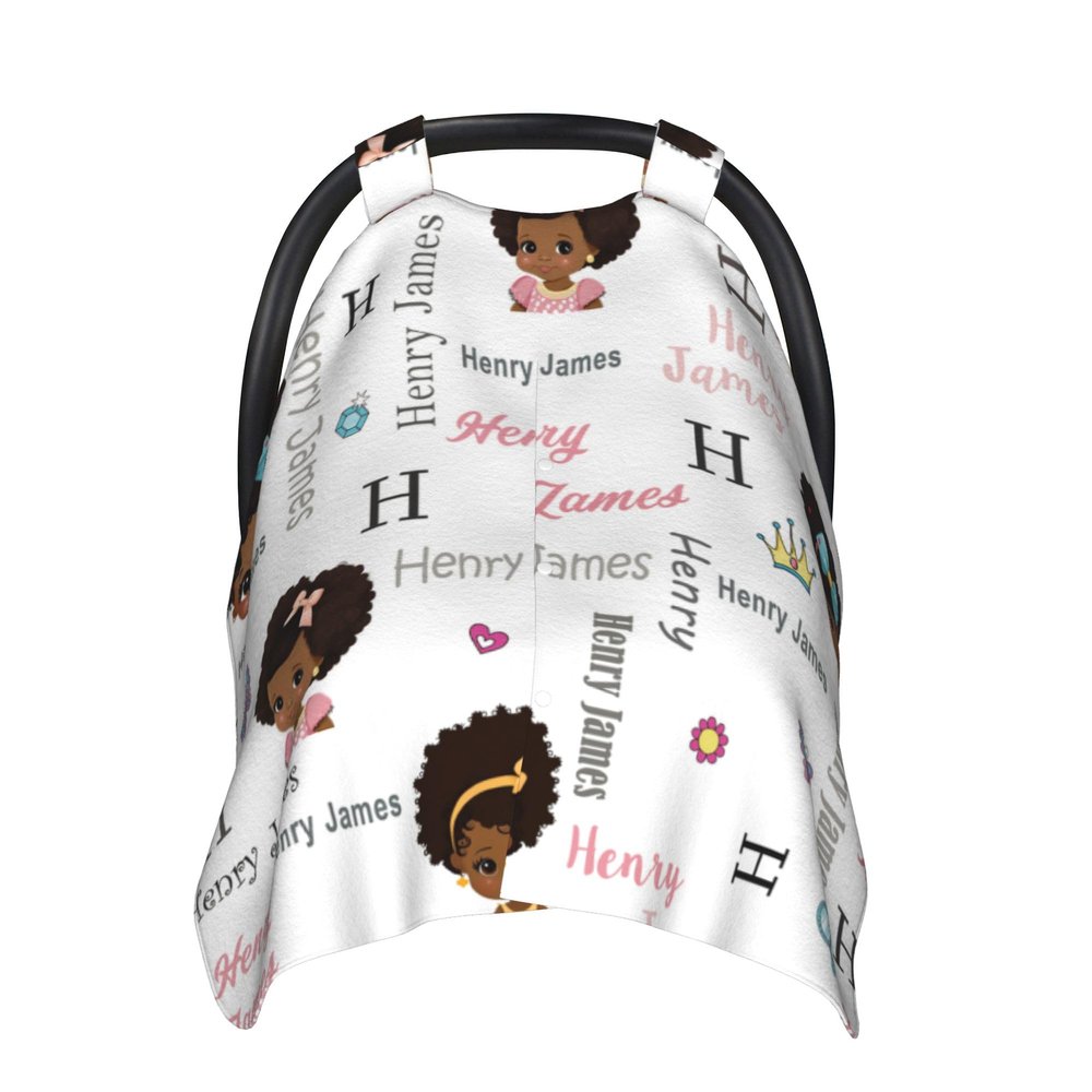 Personalized Car Seat Covers for Babies Custom Name Black Girl Car Seat Canopy for Girls Princess Nursing Breastfeeding Covers Afro Puff Newborn Toddler African American Minky Baby Blanket