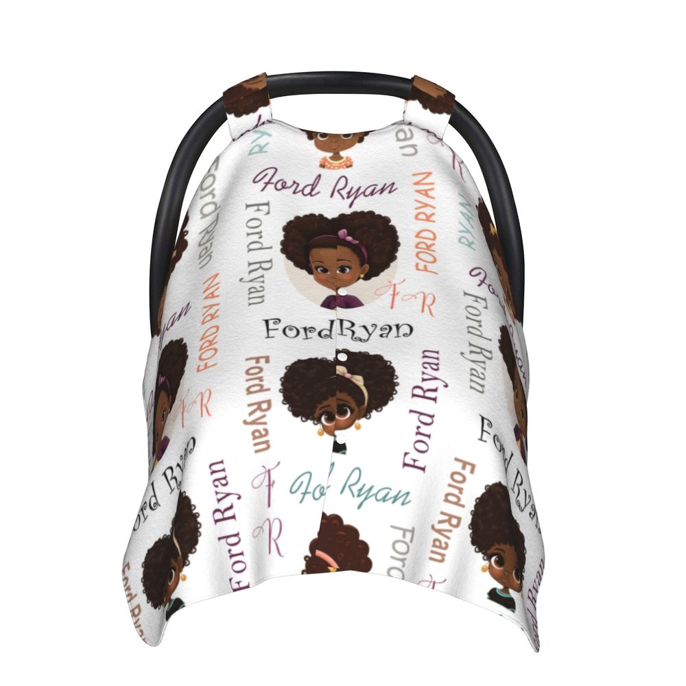Personalized Car Seat Covers for Babies Custom Name Black Girl Car Seat Canopy for Girls Princess Nursing Breastfeeding Covers Afro Puff Newborn Toddler African American Minky Baby Blanket