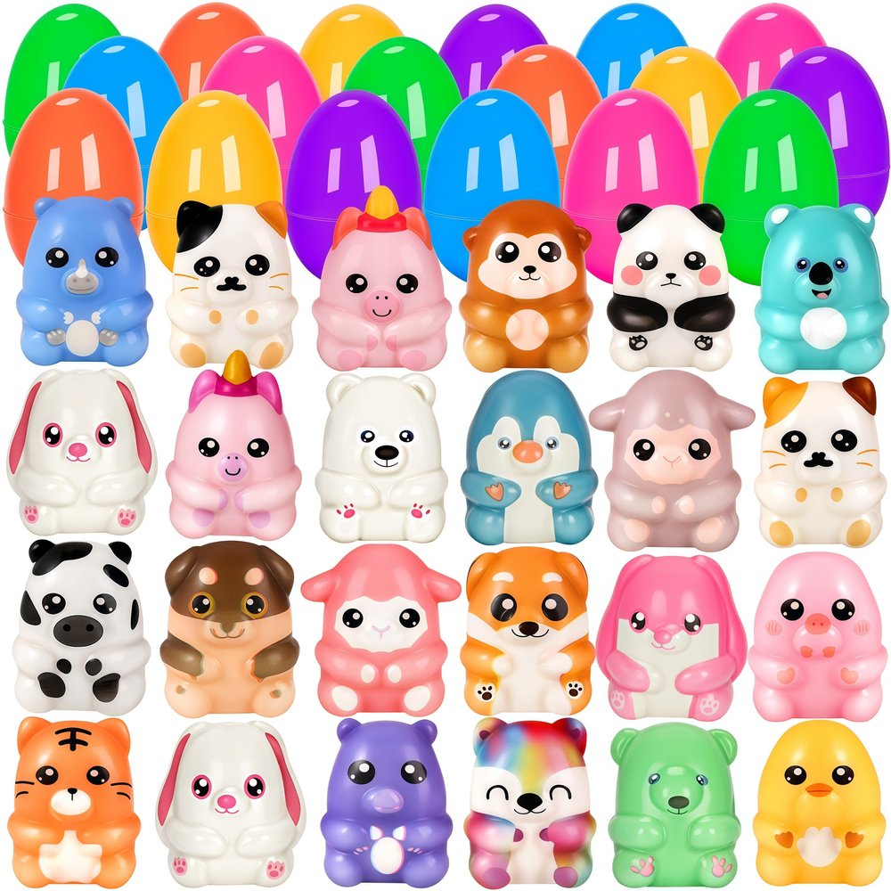 24 Pack Easter Eggs Filled with Squishy Toys, Easter Basket Stuffers Fillers with Kawaii Animals Toys, Kids Easter Theme Party Favors & Classroom Prizes, Ideal Easter Eggs Gifts for Boys Girls