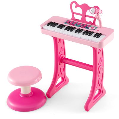 Honey Joy Kids Pink Keyboard Piano with Music Stand & Bench, Toy Baby Grand Piano with Microphone, Portable Electronic Educational Musical Instrument for Toddlers