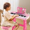 Honey Joy Kids Pink Keyboard Piano with Music Stand & Bench, Toy Baby Grand Piano with Microphone, Portable Electronic Educational Musical Instrument for Toddlers view 2