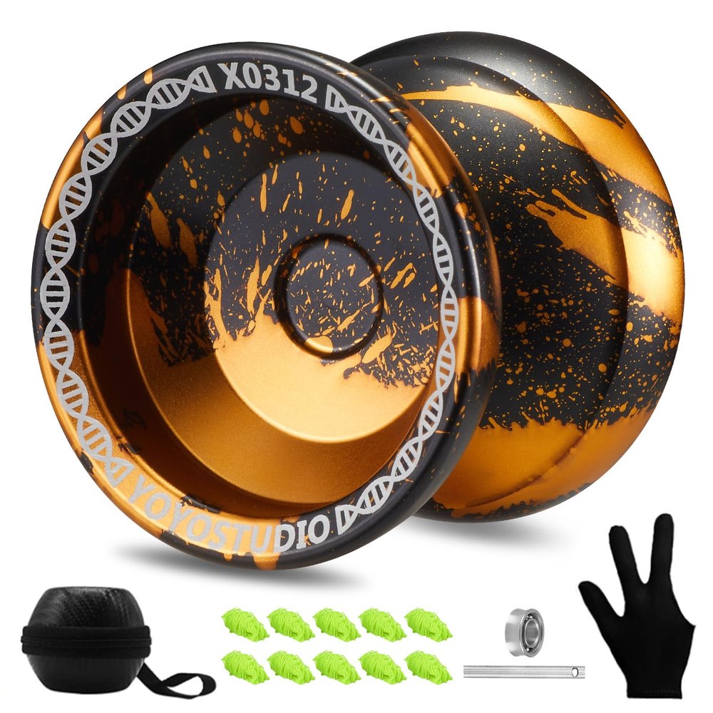 YOYOSTUDIO Yoyo Professional Responsive Yoyo X0312 for Kids Beginner, Dual Purpose Fingerspin Yo yo for Adults with Unresponsive Yoyos Bearing Kit, 10 Yo-Yo Strings, Case & Glove - Black and Gold