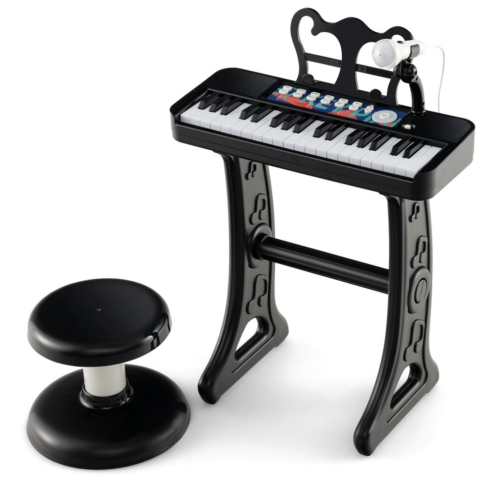 Honey Joy Kids 37-Key Black Keyboard Piano with Music Stand & Bench, Toy Baby Grand Piano for Girls & Boys