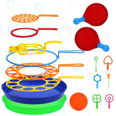 Roberly 18 PCS Big Bubble Wands Toys Set with Solution, Tray, Soft Racket, Bulk Funny Bubbles Making Toys for Kids Summer Outdoor Activities Game Birthday Party Favors