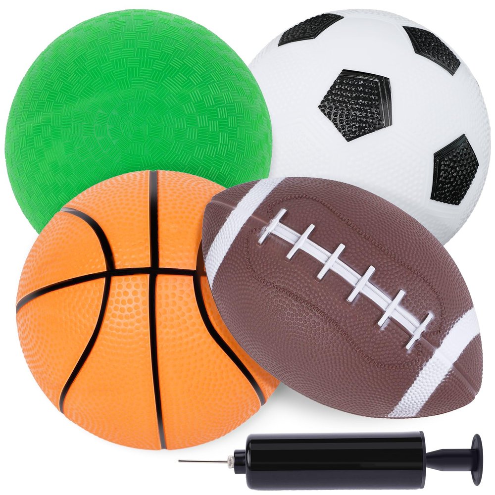 LovesTown 4-Pack Sports Balls, 5-Inch Soccer Ball, Basketball, Playground Balls & 7 Inches Footballs for Toddlers 1-3, Adults, Birthday Party Favors for Kids, Valentines Exchange Gifts