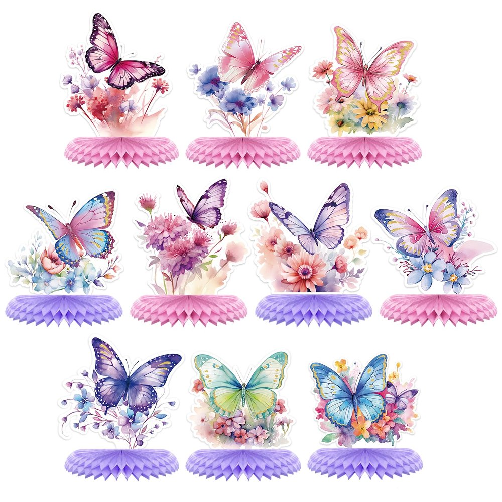 10PCS Butterfly Centerpieces for Tables Butterfly Girls Birthday Decorations Honeycomb Table Toppers for Baby Shower Gender Reveal Spring Tea Party Mother's Day Easter Decor