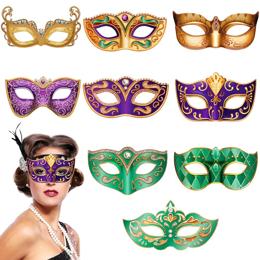 9 Pack Mardi Gras Paper Masks Carnival Parade Face Masks Diamonds Cardboard Masks for Mardi Gras Costume Dress Up Accessories Mardi Gras Photo Props for Women Girls Masquerade Party Favor Supplies