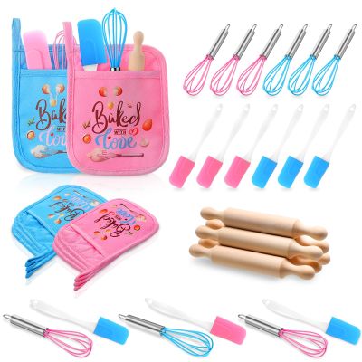 RoundFunny 24 Pcs Kids Mini Baking Supplies with Kitchen Utensil, Pot Holders, Spatula, Rolling Pin, Whisk for Kids Classroom School Exchange Party Favors (Small)