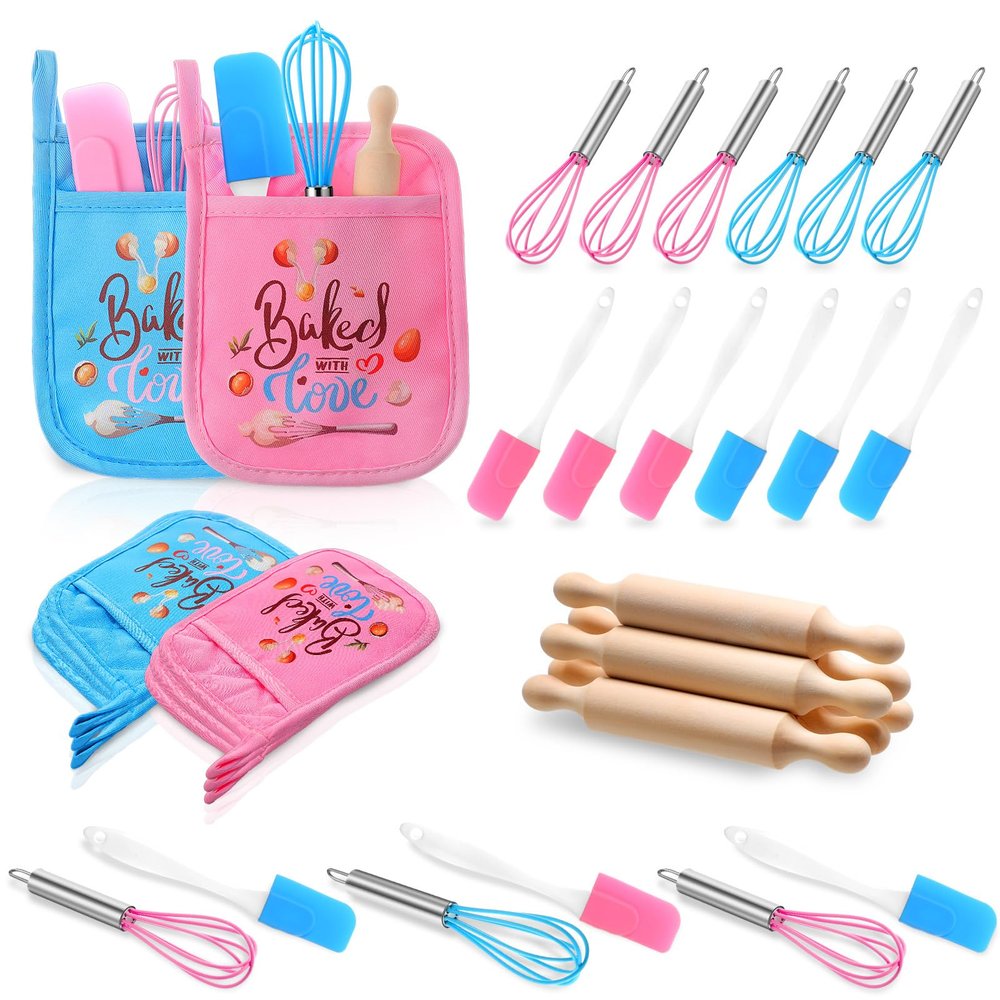 RoundFunny 24 Pcs Kids Mini Baking Supplies with Kitchen Utensil, Pot Holders, Spatula, Rolling Pin, Whisk for Kids Classroom School Exchange Party Favors (Small)