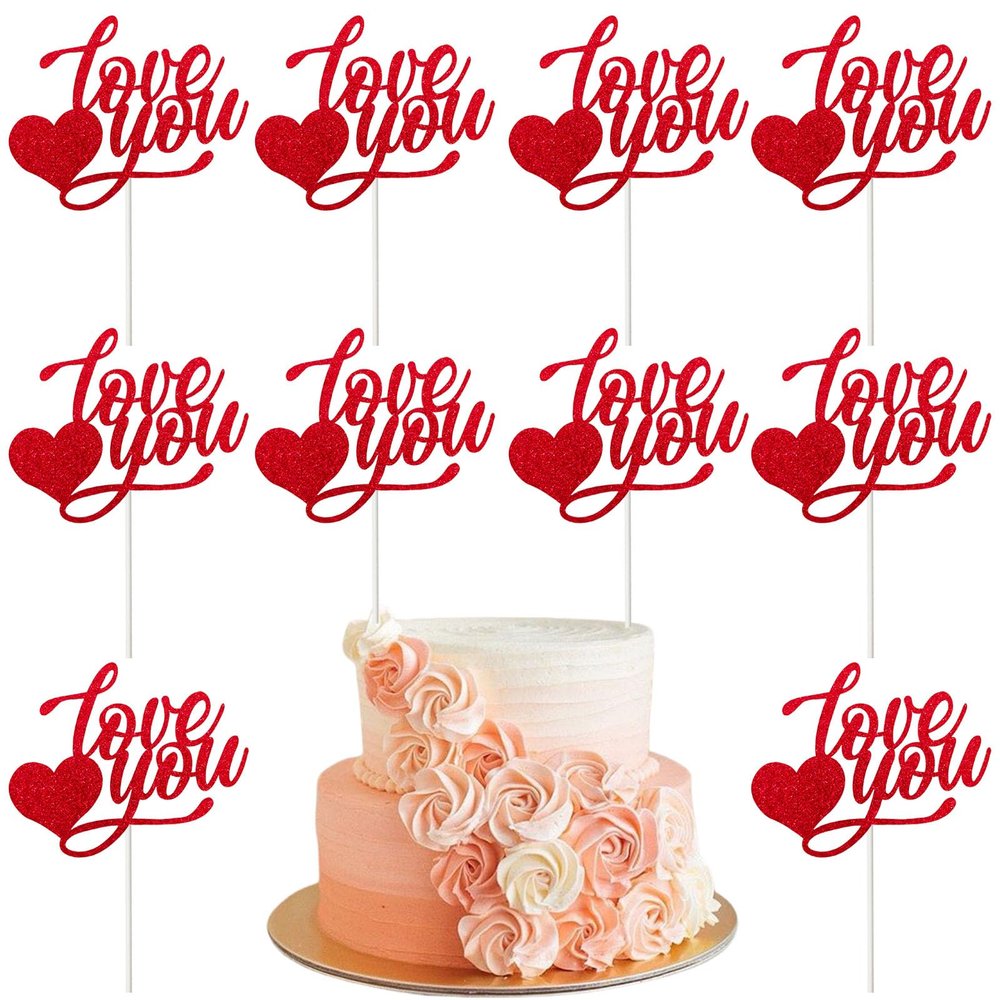 10PCS Valentines Heart Cake Toppers Glitter Letter Cupcake Toppers for Valentines Day Birthday Wedding Anniversary Engagement Party Cake Decoration Supplies Red