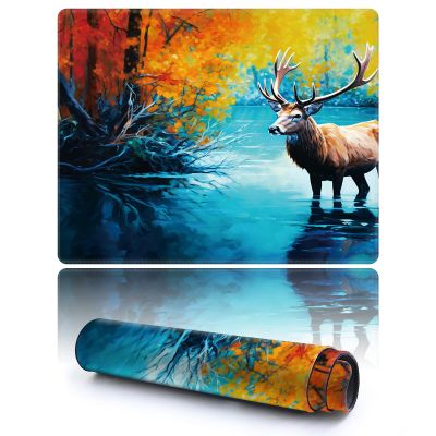 BPQOJB for MTG Playmat 13.78 x 17.3 inch Durable Play Mats with Zones and Non-Slip Rubber Stitched Play Mat Smooth Surface for MTG TCG and Other Battle Game Card - Yellow Trees and Deer