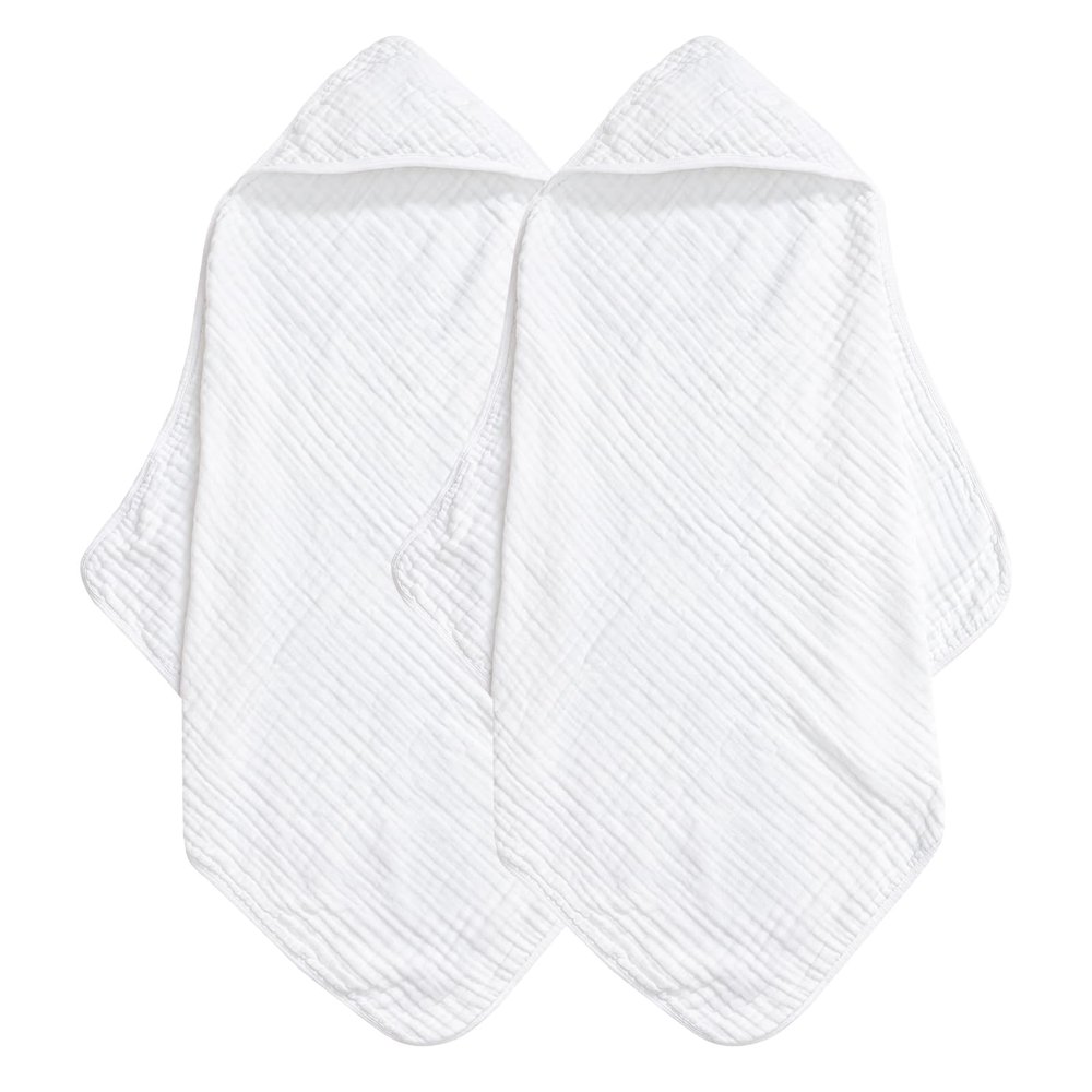 david's kids 2 Pack Hooded Baby Towels, 100% Muslin Cotton 6-Layer Ultra Soft Breathable Absorbent Baby Bath Towels for Infant and Toddler, Newborn Essentials, Large 32x32Inch, White