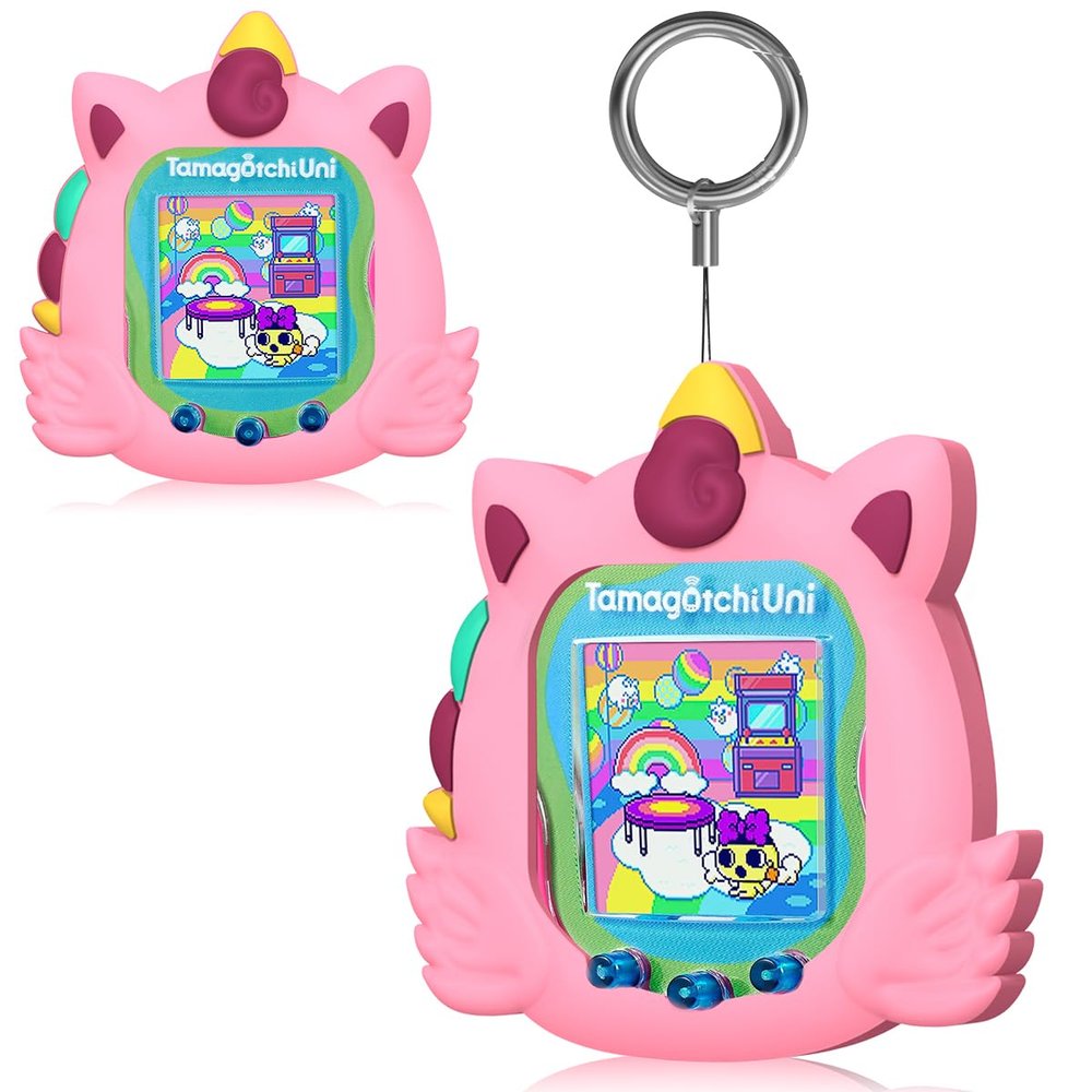 BEARDDO Silicone Case Compatible with Tamagotchi Uni Case, Cute Cartoon Pink Virtual Pet Game Machine Protector Cover for Tamagotchi Uni Accessories with Ring Lanyard (Pink)