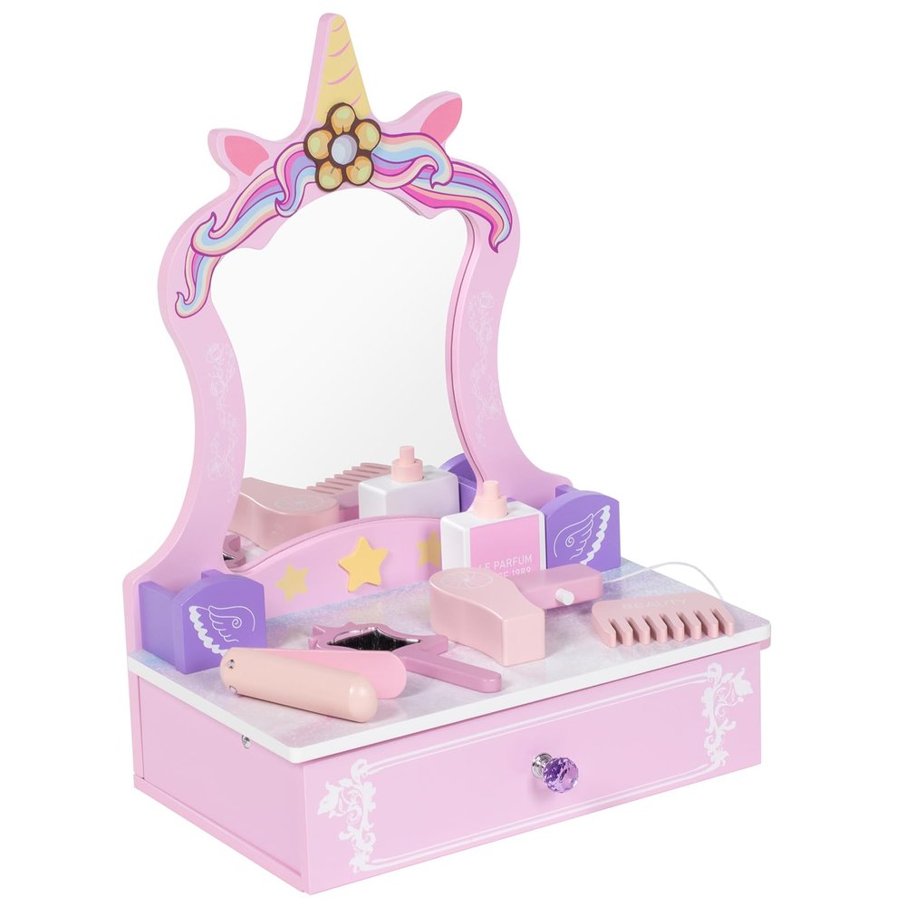 BRINJOY Wooden Vanity Set for Kids, Toddler Tabletop Beauty Salon Play Set w/Accessories & Drawer, Princess Makeup Pretend Play Vanity Table Toy with Mirror for Little Girls Age 3-8