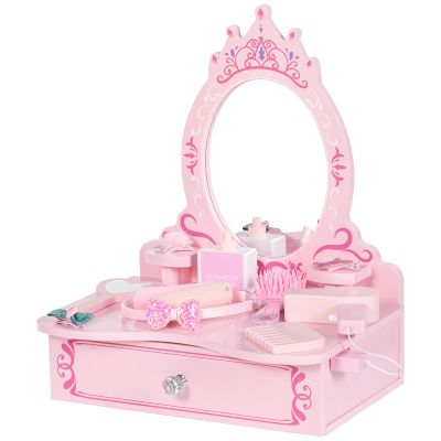 BRINJOY Wooden Vanity Set for Kids, Toddler Tabletop Beauty Salon Play Set w/Accessories & Drawer, Princess Makeup Pretend Play Vanity Table Toy with Crown Shaped Mirror for Little Girls Age 3-8