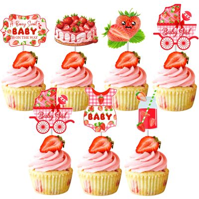 Balterever 36pcs Strawberry Baby Shower Cupcake Toppers Strawberry Baby Shower Decorations A Berry Sweet Baby is On the Way Decors for Strawberry Party Supplies