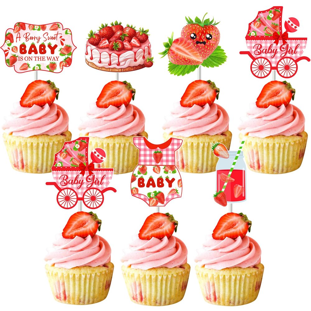 Balterever 36pcs Strawberry Baby Shower Cupcake Toppers Strawberry Baby Shower Decorations A Berry Sweet Baby is On the Way Decors for Strawberry Party Supplies