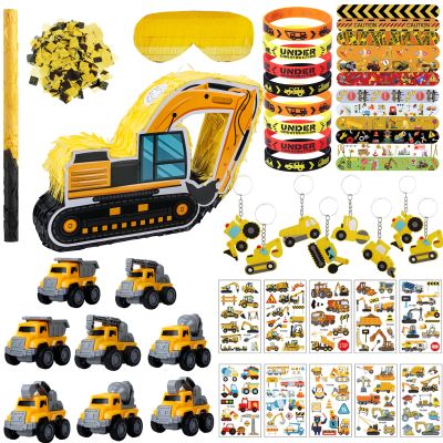 Construction Pinata Dump Truck Pinata for Boy Kids Construction Birthday Party Tractor Excavator Car with Vehicles Toys Bracelets Stickers Tapes Confetti Tools