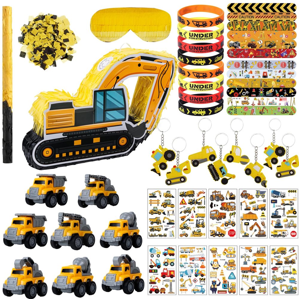 Construction Pinata Dump Truck Pinata for Boy Kids Construction Birthday Party Tractor Excavator Car with Vehicles Toys Bracelets Stickers Tapes Confetti Tools