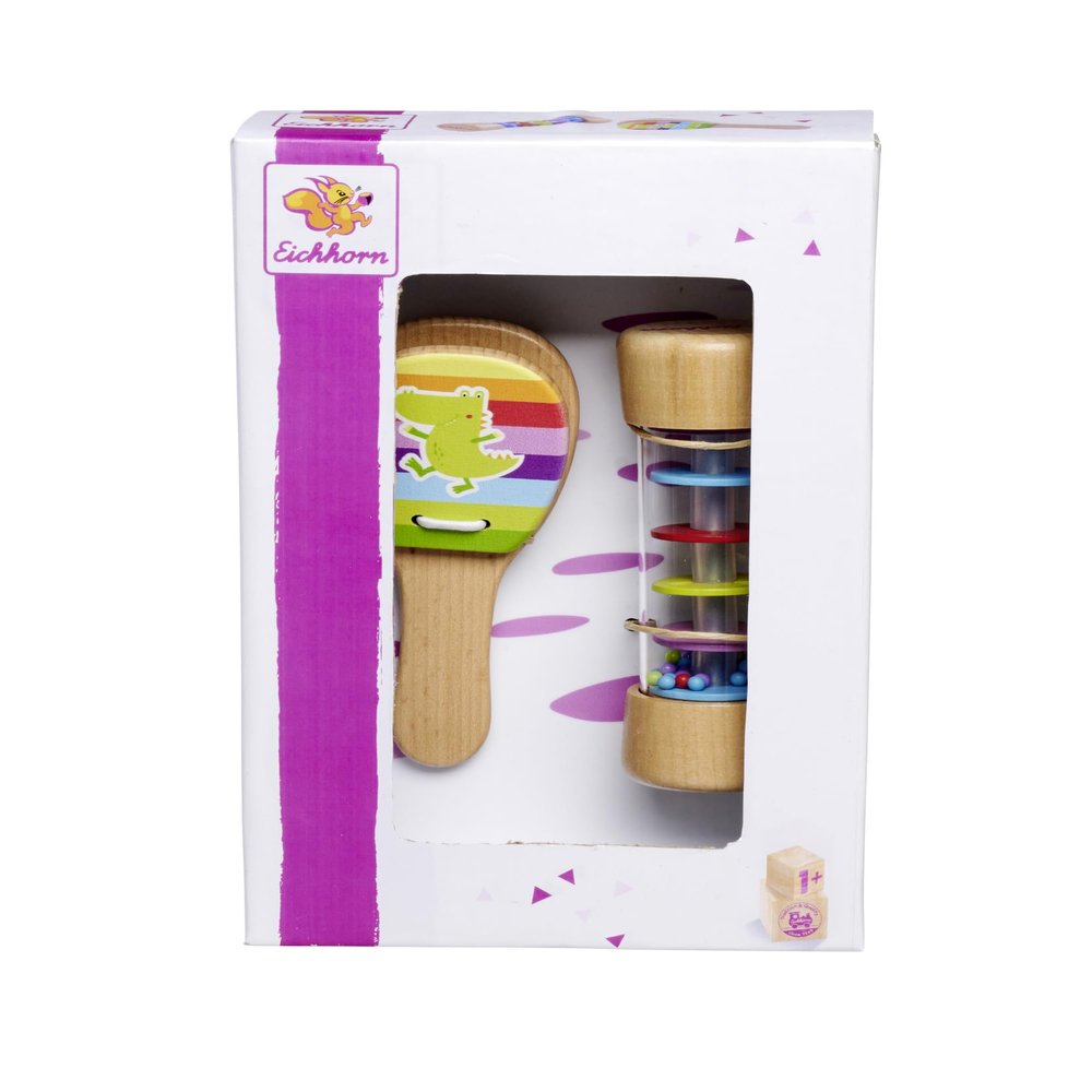 Eichhorn 100003491 music set rattle consisting of rainmaker and chestnut set, colourful music toy made from 100% FSC certified beech wood, from 2 years
