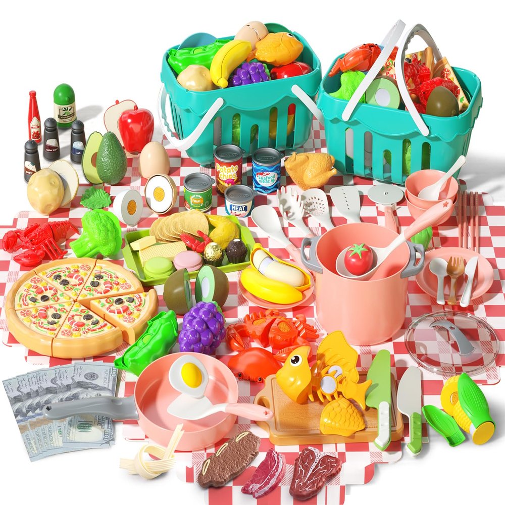 150Pcs Kitchen Playset, Toddlers Pretend Cooking Cookware Accessories, Food, Picnic Blanket, Fruits, Veges, 2Pack Shopping Storage Basket, Dessert and Prop Money, Gift for Kids (Pink)