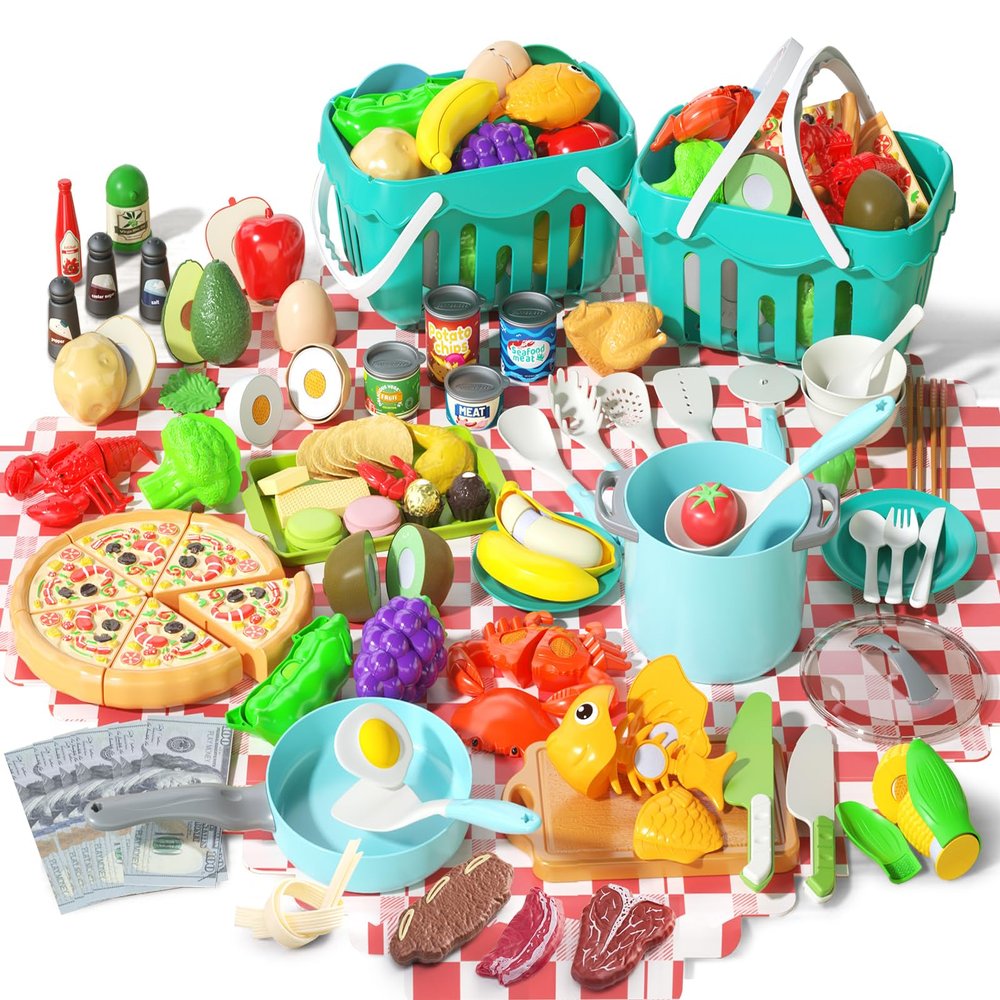 150Pcs Kitchen Playset, Toddlers Pretend Cooking Cookware Accessories, Food, Picnic Blanket, Fruits, Veges, 2Pack Shopping Storage Basket, Dessert and Prop Money, Gift for Kids (Turquoise)